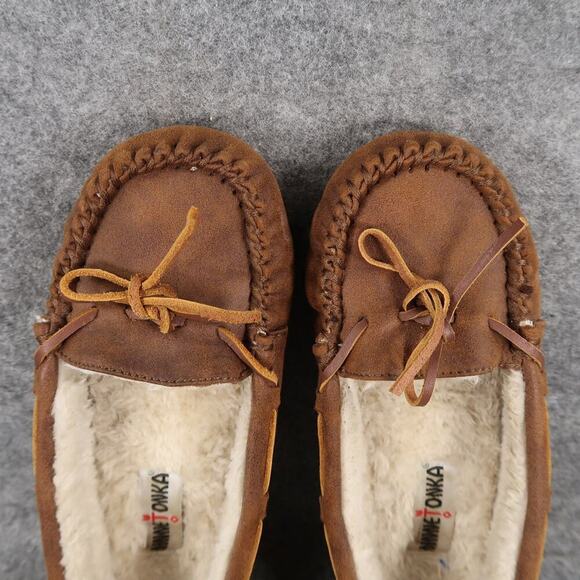 Minnetonka Shoes Womens 7 Slipper Loafer Moccasin Slip On Faux Fur Comfort Brown - Picture 7 of 11